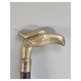 Vintage carved wood walking stick with brass