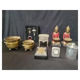 Pair of brass planters, metal trinket box, bar