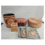 Group of wicker boxes, waste basket, and boa
