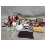 Box of miscellaneous, drink coasters, salt and