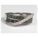 14k white gold, white and green diamond ring