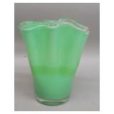Vintage green art glass handkerchief style vase