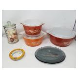 Group of vintage pyrex, canister and decorated
