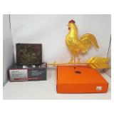 Weathervane, wall clock, leather wallets,