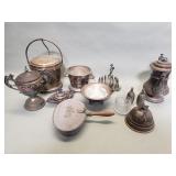 Silver plate ice bucket, teapot, crumb catcher,