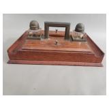 Antique wood, glass, and brass inkwell desk stand