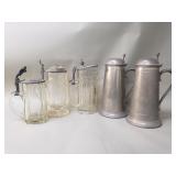 Group of glass and pewter beer steins