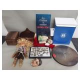 Box of miscellaneous items trinket box, metal