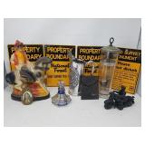 Chalk figurine, metal signs, glass decanter, etc