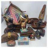 Box of vintage figurines, baskets, trinket boxes,