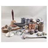 Box of vintage copper, brass & spelter beer mugs,