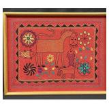 Vintage framed hand-embroidered folk art textile