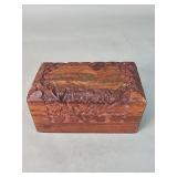Carved wood trinket box with brass inlay