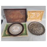Group of vintage wood trays and framed Chinese