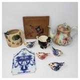 Box of pottery and ceramic tiles, bird figurines,