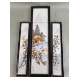 Signed hand-painted Japanese tile triptych