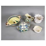 Group of Belleek and Quimper vase, cream, sugar