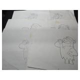 Assorted pencil drawings of Fred from the