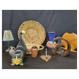 Pair of hand made baskets, wood vase, ceramic