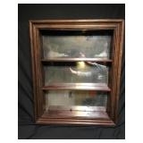 Antique wood wall shelf with mirrored back