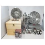 Group of Artina pewter bowl, clock, beer stein,