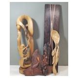 Group of carved wood plaque, sculpture, spoon,