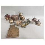 Group of brass bells, ashtray, and figurines