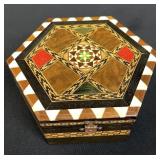 Vintage inlaid wood Spanish hexagonal trinket box