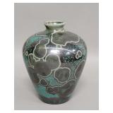 Signed green crystalline glazed pottery vase