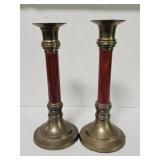 Vintage brass and burgundy wood candlesticks,