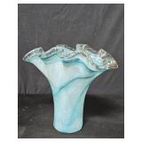 Murano handblown blue and gold ruffled vase