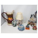 Box of ceramic pitcher, table lamp, trinket box,
