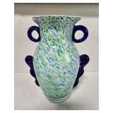 Green and blue art glass vase with applied loop