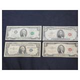 Vintage U.S. currency; red seal $5, red seal $2