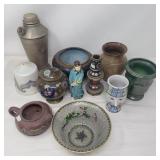 Box of miscellaneous items; Cloisonne vases,