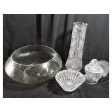Box of cut crystal and glass pitcher, bowl, and
