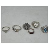 Group of six sterling silver rings
