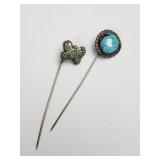 Silver and turquoise stick pins, butterfly has