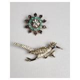 Vintage brooches: gold-tone road runner and