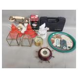 Box of miscellaneous, Microscope, vintage rotary