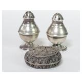 Sterling silver salt and pepper shakers and a