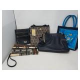 Box of 5 fabric and leather handbags