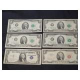 1935-1976 bills; $2 red note, silver certificate