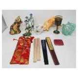 Group of hand fans, ceramic cat figurines, hand