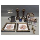 Box of miscellaneous items candle sticks, hand