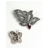 Sterling silver marcasite and garnet brooch and