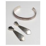 Silver cuff bracelet and dangle earrings