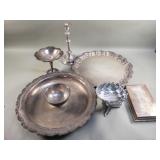 Group of silver plate tray, candle stick