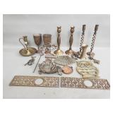 Box of brass candle sticks, goblets, trinkets,