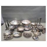 Group of silver plate bowls, candle sticks , bud
